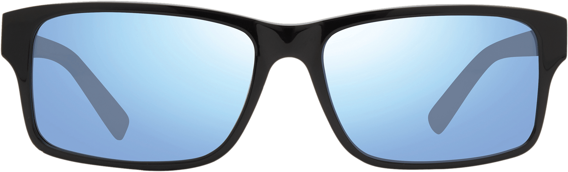 A pair of rectangular framed sunglasses with blue lenses and a black frame.