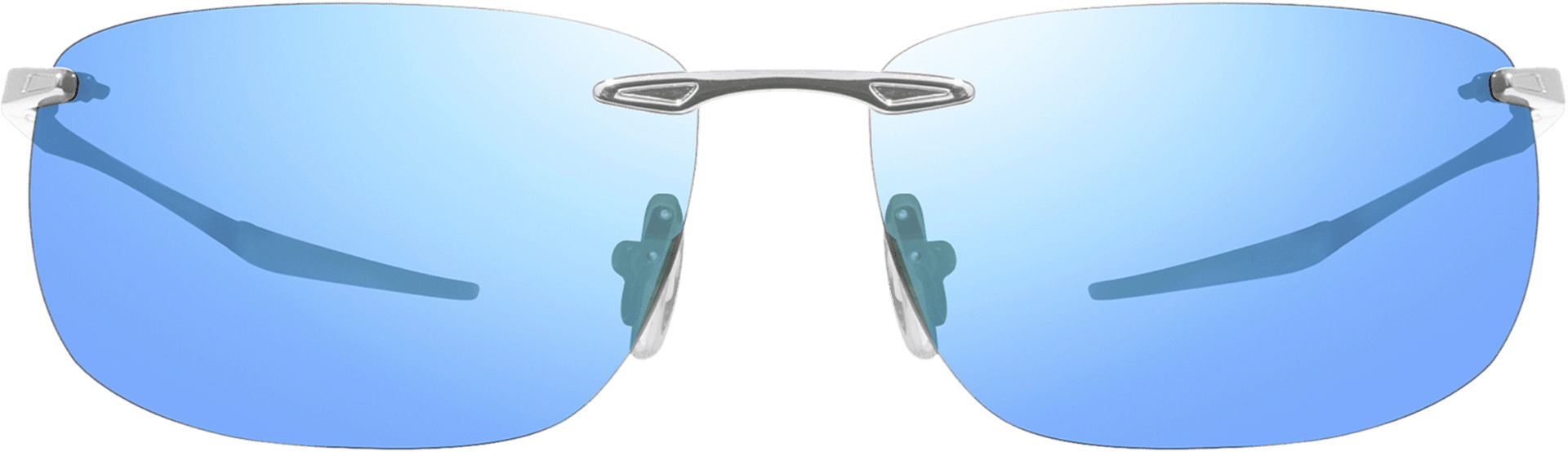 Rimless sunglasses with a stainless-steel frame and polarized lenses, reflecting green light.