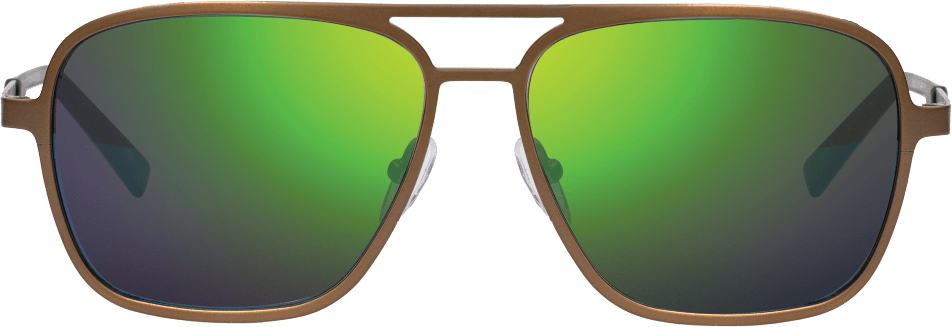 A pair of square-shaped, titanium frame sunglasses with green photochromic polarized lenses.