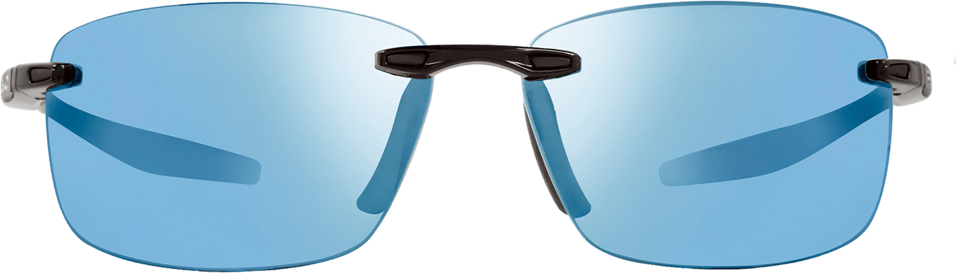 Rimless blue sunglasses with polarized lenses and a metallic frame.