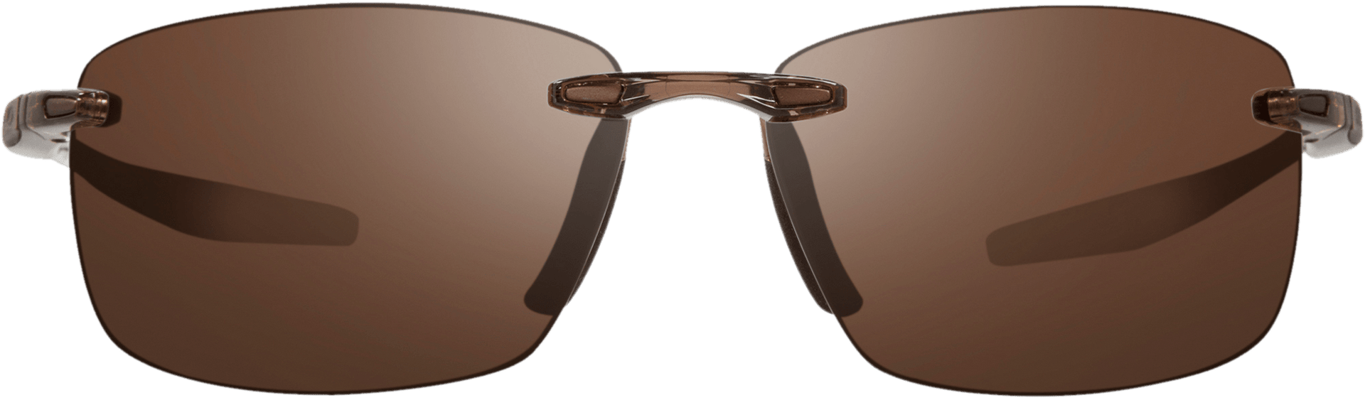 Rimless brown sunglasses with polarized lenses and a metallic frame.
