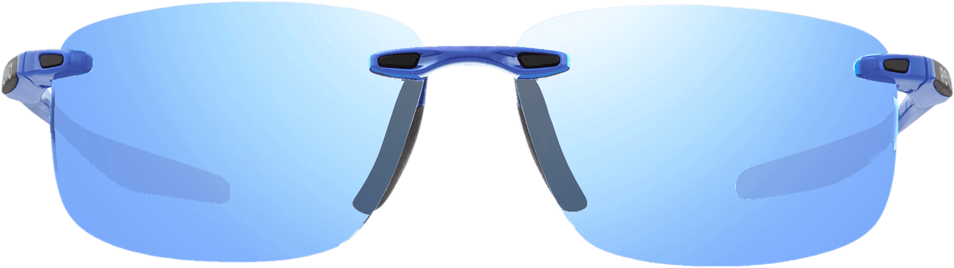 Rimless blue sunglasses with polarized lenses and a metallic frame.