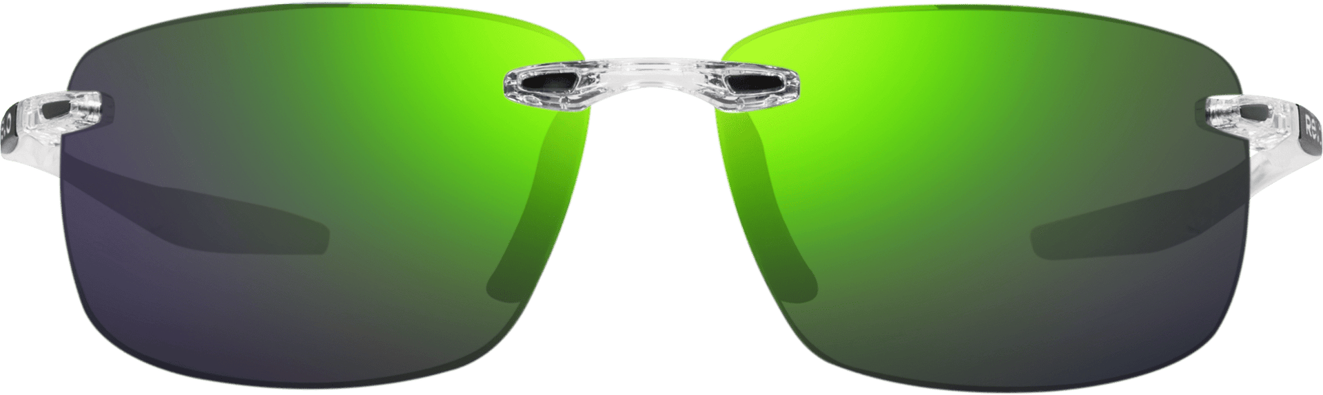 Rimless green sunglasses with polarized lenses and a metallic frame.