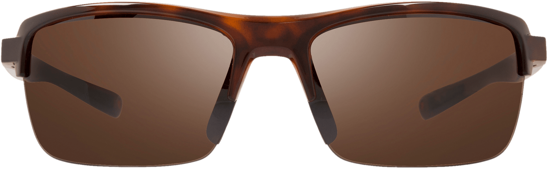 A pair of semi-rimless, wrap-around sunglasses with brown lenses and a tortoise frame.