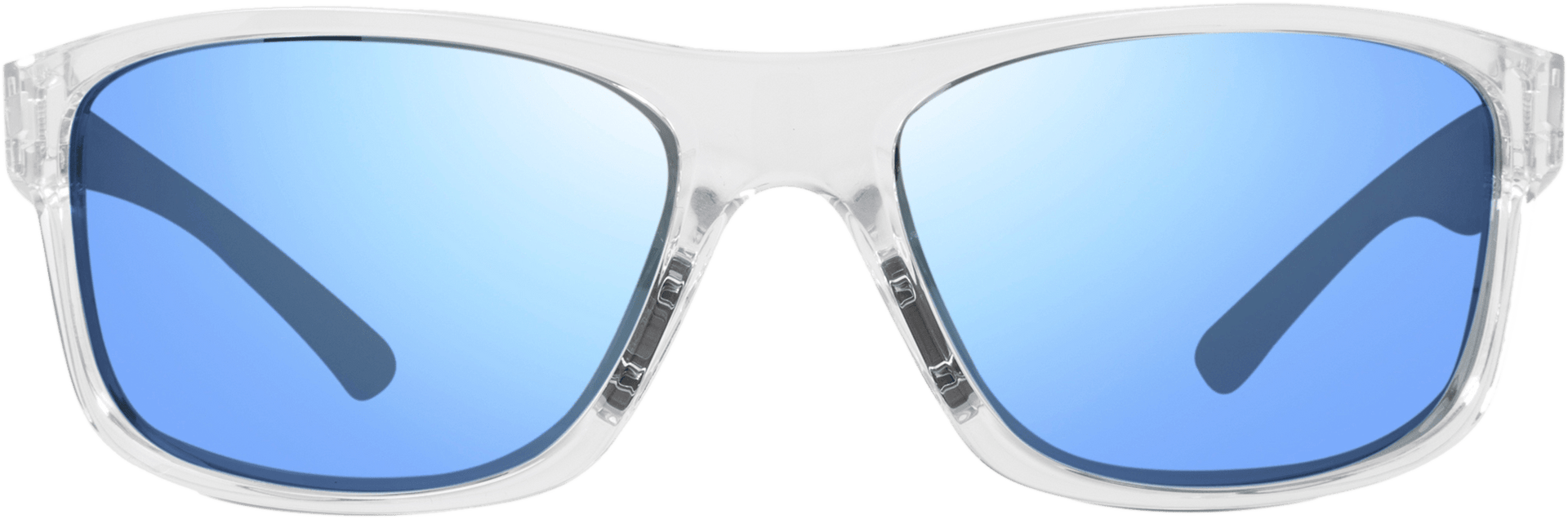 A pair of sunglasses with a wrap-around frame design and blue lenses.