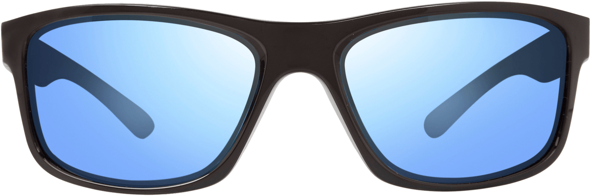 A pair of sunglasses with a wrap-around frame design and blue lenses.