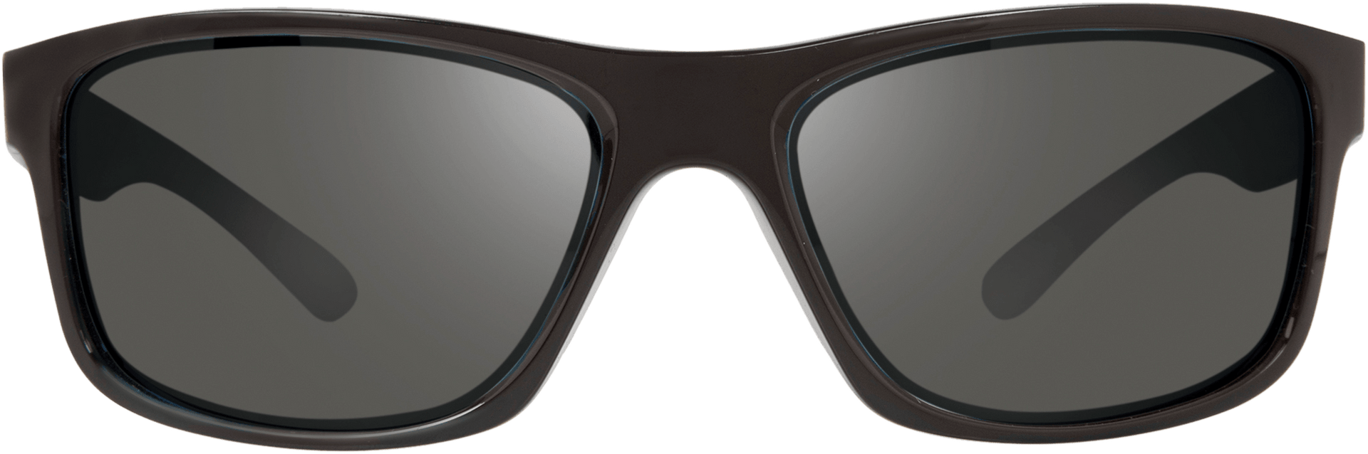 A pair of sunglasses with a wrap-around frame design and gray lenses.